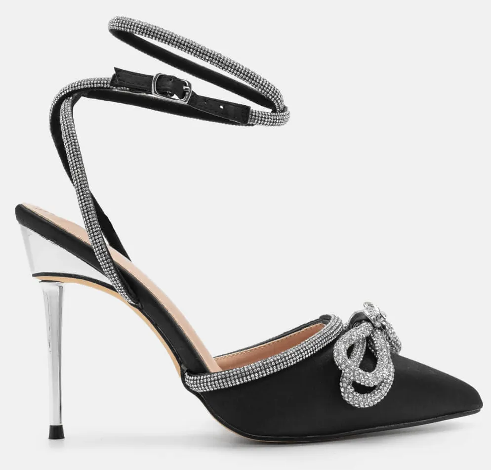 Γόβες με Περιστρεφόμενο Λουράκι & Διακοσμητικό Φιόγκο απο Strass - Μαύρο