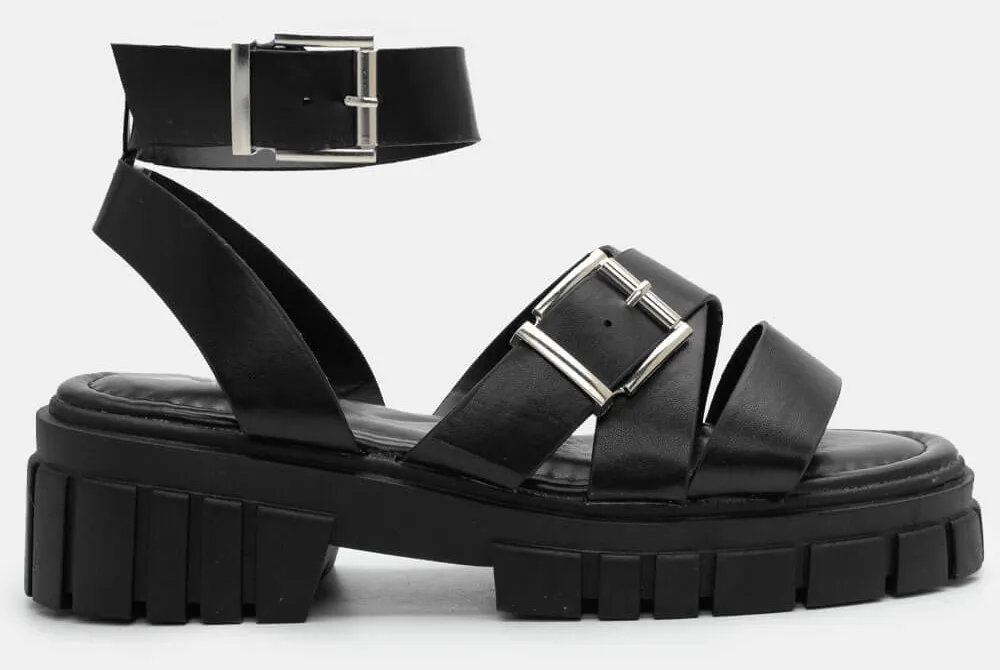 Σανδάλια Flatform με Τρακτερωτή Σόλα & Μπαρέτα - Μαύρο