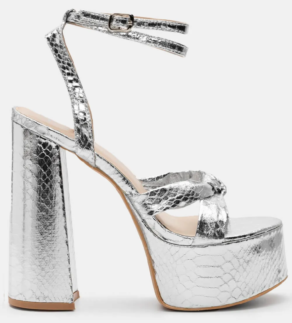 Πέδιλα Snake Print με Τακούνι & Φιάπα - Ασημί