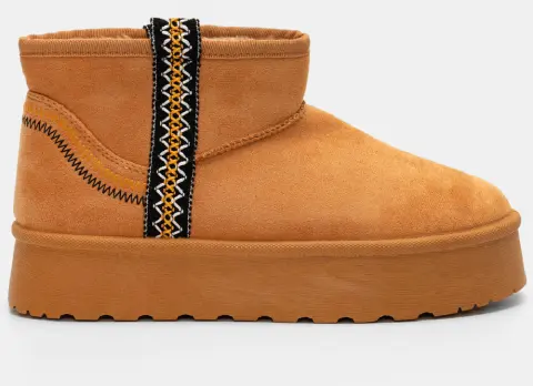 Μποτάκια Δίσολα με Εσωτερική Επένδυση Γούνας & Κέντημα - Κάμελ