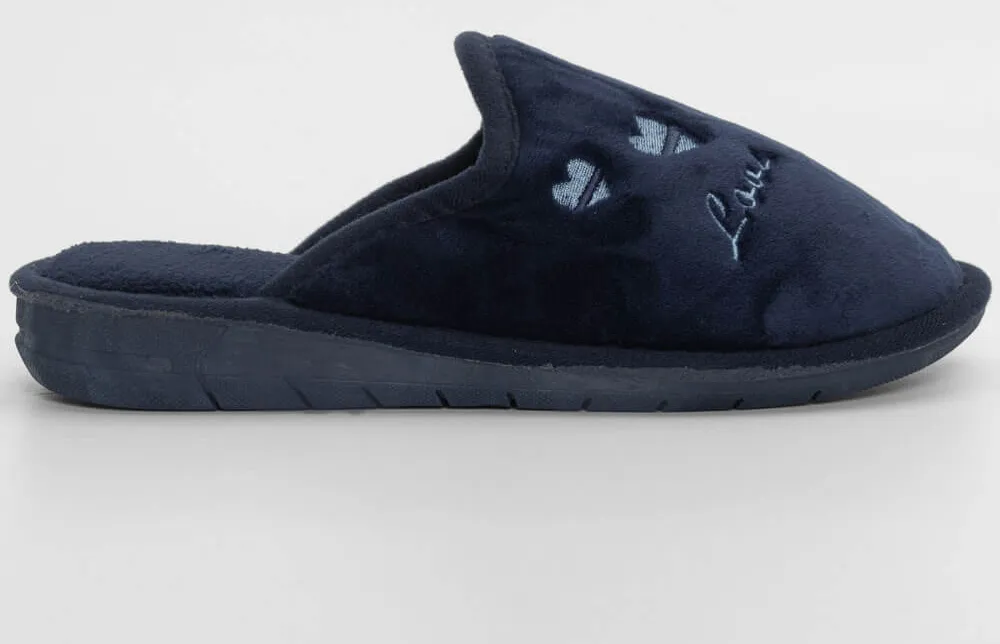Παντόφλες Γούνινες με Κέντημα - Μπλε Σκούρο