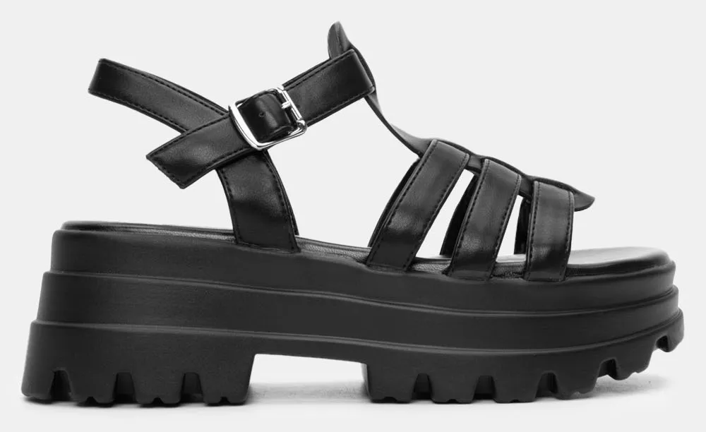 Σανδάλια Flatform με Πολλαπλά Λουράκια - Μαύρο