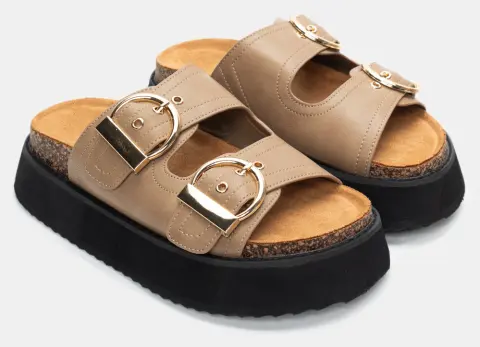 Σανδάλια Flatform με Διπλές Τόκες - Μπεζ-Σκούρο