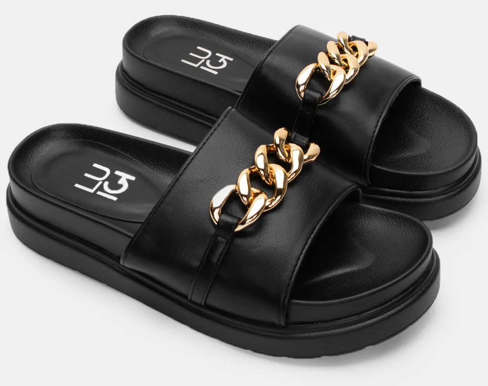 LUIGI DESIGN - Σανδάλια Flatform με Διακοσμητική Αλυσίδα - Μαύρο