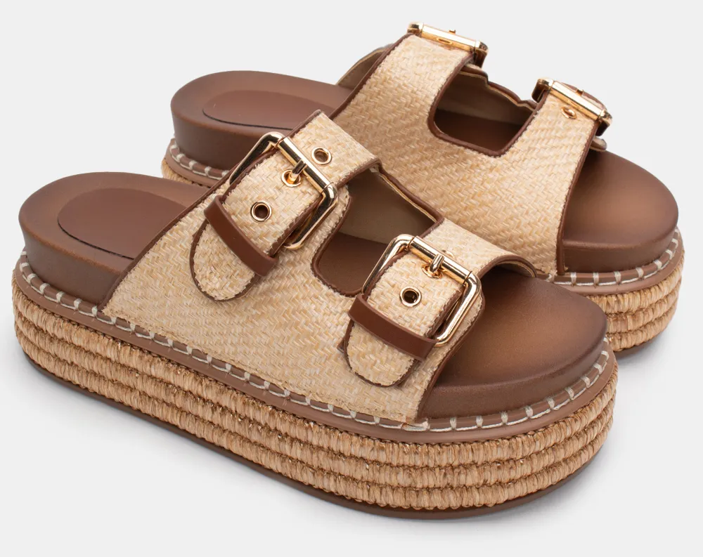 Σανδάλια Flatform με Διπλές Τόκες - Μπεζ