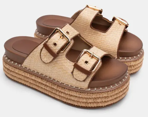 Σανδάλια Flatform με Διπλές Τόκες - Μπεζ