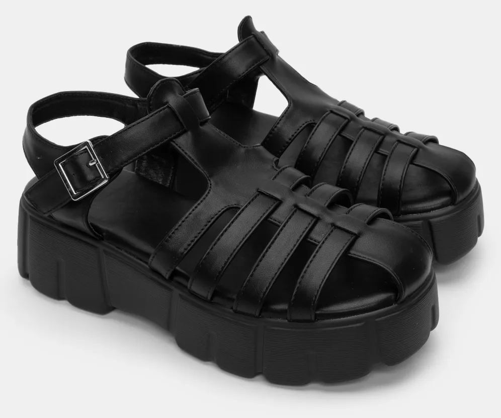 Σανδάλια Flatform με Πολλαπλά Λουράκια - Μαύρο