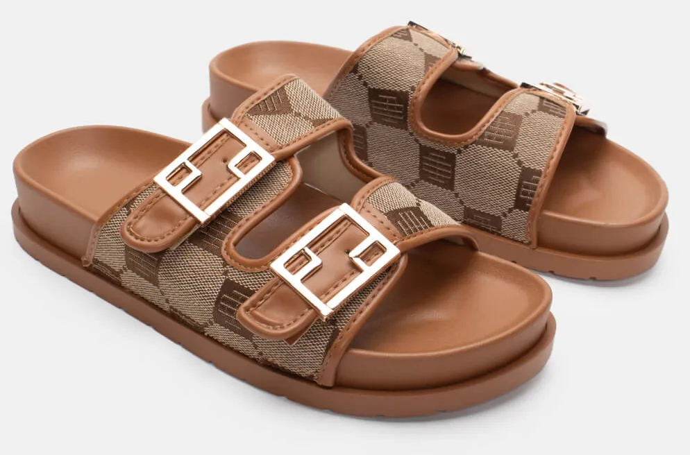 Σανδάλια Flatform με Διπλές Τόκες - Κάμελ