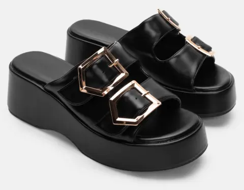 Σανδάλια Flatform με Διπλές Τόκες - Μαύρο