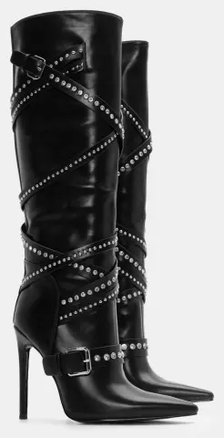 Μπότες Μυτερές με Πολλαπλά Λουράκια Από Τρούκς - Μαύρο