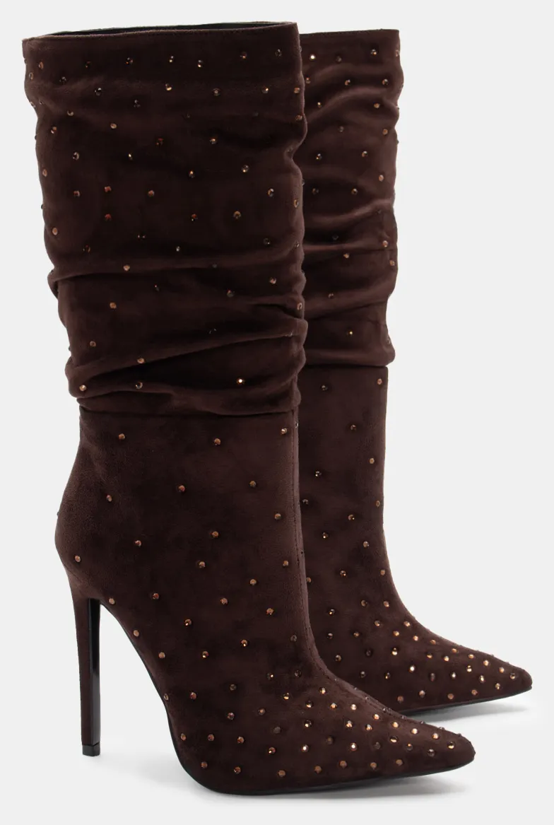 Μπότες Μυτερές με Strass - Καφέ Σκούρο