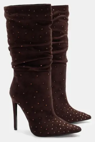 Μπότες Μυτερές με Strass - Καφέ Σκούρο