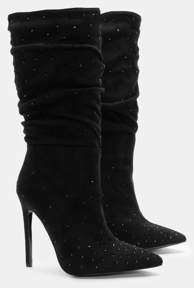 Μπότες Μυτερές με Strass - Μαύρο