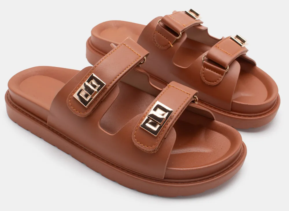 Σανδάλια Flatform με Λουράκια Scratch & Διακοσμητικό - Κάμελ