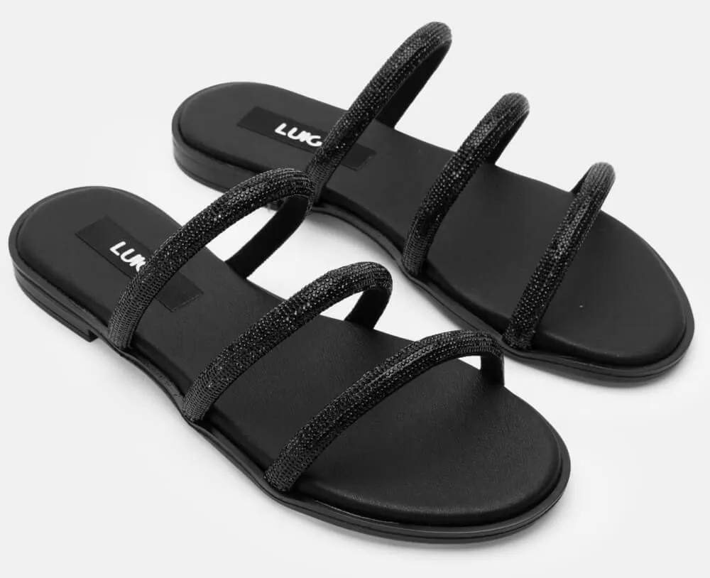 LUIGI DESIGN- Flat Σανδάλια με Λουράκια Από Strass - Μαύρο