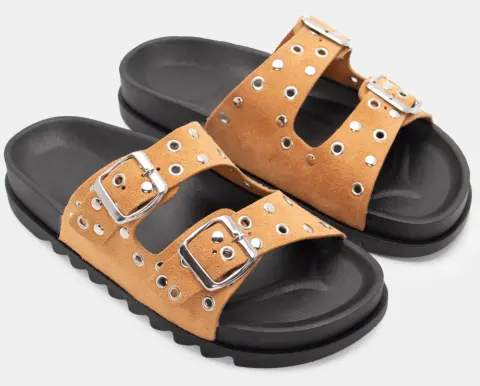 Σανδάλια Flatform με Διπλές Τόκες - Κάμελ