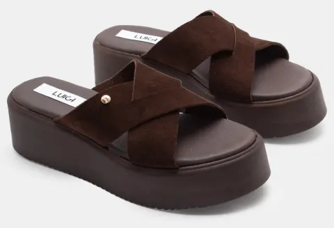 LUIGI DESIGN - Πλατφόρμες Δερμάτινες με Χιαστί Λουράκια - Καφέ Σκούρο