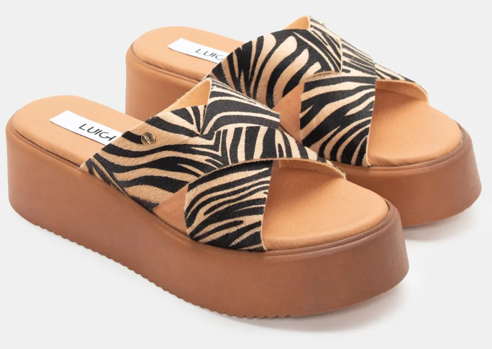 LUIGI DESIGN - Πλατφόρμες Δερμάτινες με Χιαστί Λουράκια - Zebra-Μπέζ