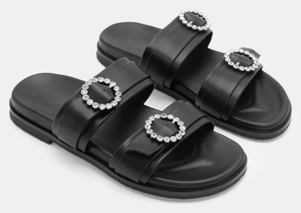 Σανδάλια Flatform με Διπλά Λουράκια & Strass - Μαύρο