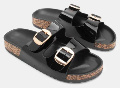 Σανδάλια Flatform με Διπλές Τόκες - Μαύρο-Λουστρίνι