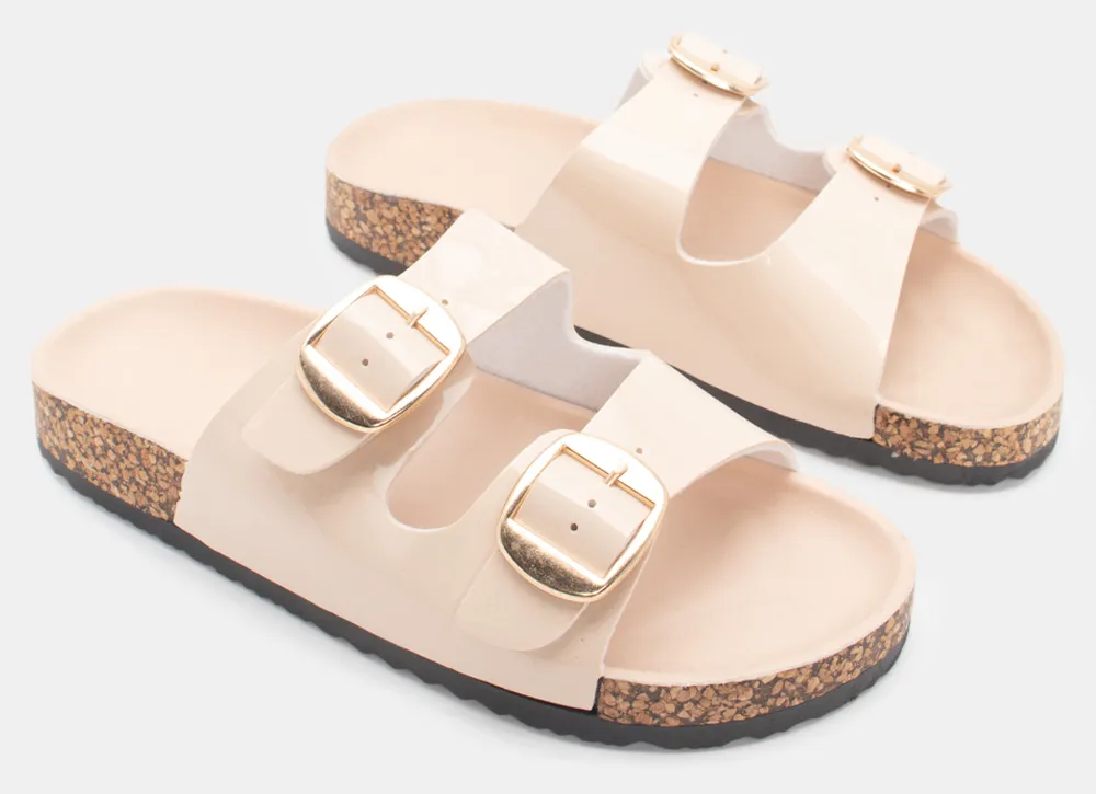 Σανδάλια Flatform με Διπλές Τόκες - Μπεζ