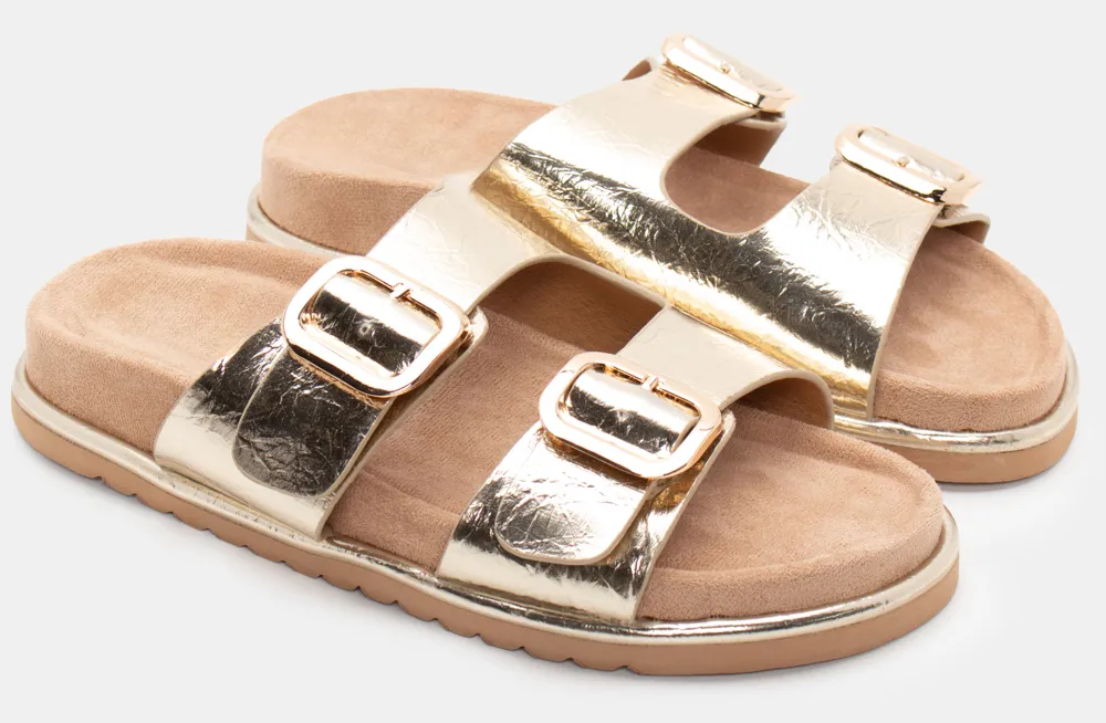 Σανδάλια Flatform με Διπλές Τόκες - Χρυσό