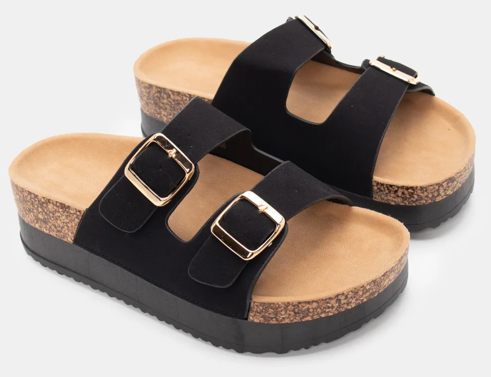 Σανδάλια Flatform με Διπλές Τόκες - Μαύρο