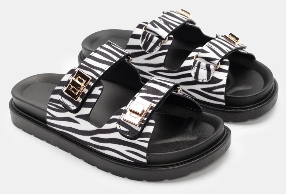 Σανδάλια Flatform με Λουράκια Scratch & Διακοσμητικό - Άσπρο+Μαύρο