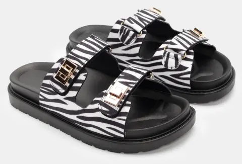 Σανδάλια Flatform με Λουράκια Scratch & Διακοσμητικό - Άσπρο+Μαύρο