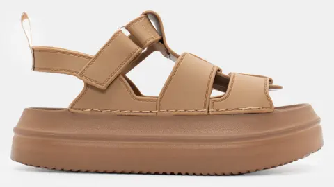 Πέδιλα Flatform με Velcro - Μπεζ-Σκούρο