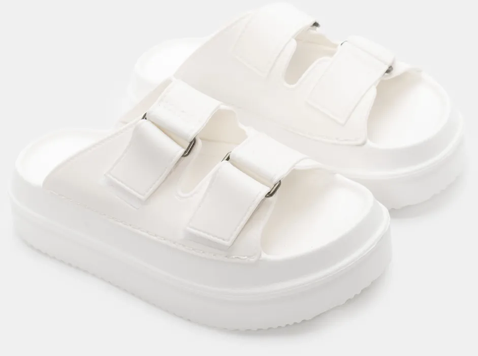 Παντόφλες Flatform με Διπλά Λουράκια και Velcro - Λευκό