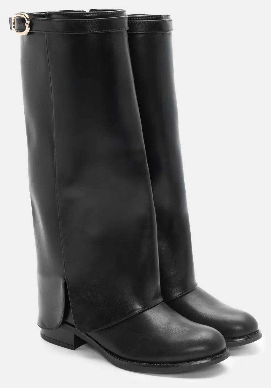 Μπότες με Εφέ Αναδιπλούμενης Φάσας & Διακοσμητικό Λουράκι - Μαύρο