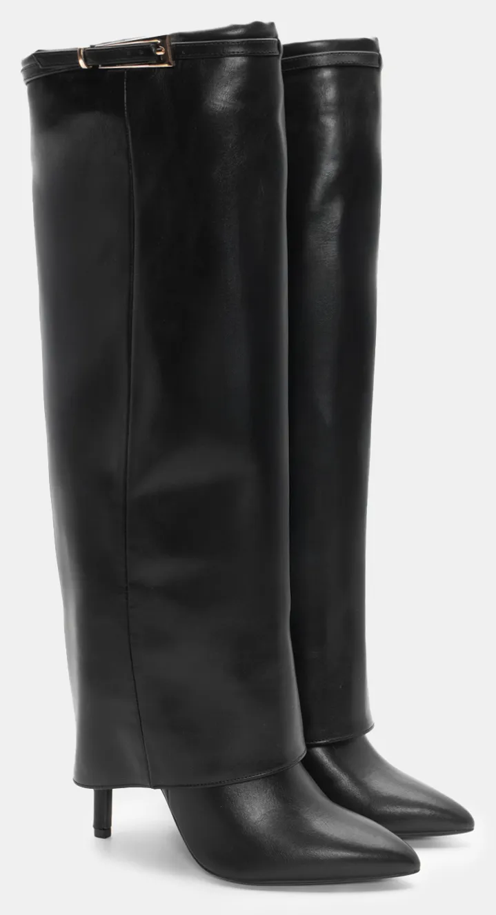 Μπότες με Εφέ Αναδιπλούμενης Φάσας - Μαύρο