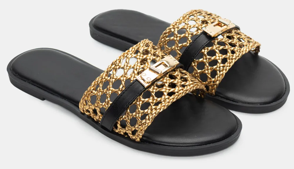 Flat Σανδάλια με Πλεκτή Φάσα & Διακοσμητικό Λουράκι - Χρυσό