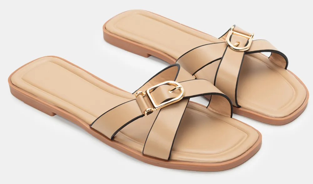 Σανδάλια Flat με Διπλά Λουράκια & Τόκα - Μπεζ-Σκούρο