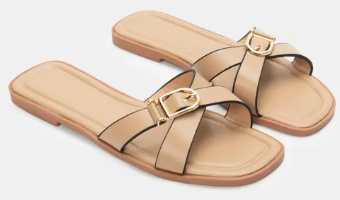 Σανδάλια Flat με Διπλά Λουράκια & Τόκα - Μπεζ-Σκούρο