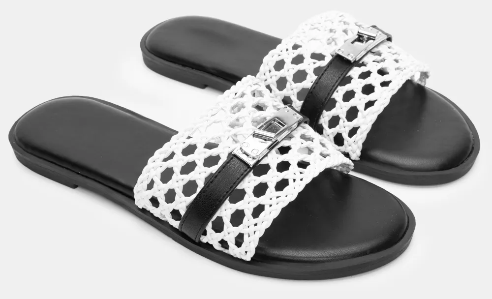 Flat Σανδάλια με Πλεκτή Φάσα & Διακοσμητικό Λουράκι - Λευκό