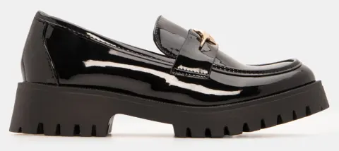 Μοκασίνια με Τρακτερωτή Σόλα & Διακοσμητικό - Μαύρο-Λουστρίνι