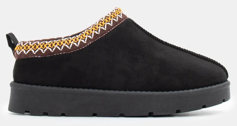 Παντόφλες με Εσωτερική Επένδυση Γούνας & Κέντημα - Μαύρο