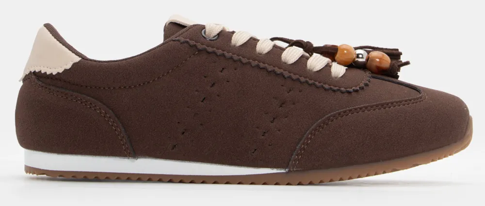 Sneakers με Διακοσμητικές Χάντρες - Καφέ Σκούρο