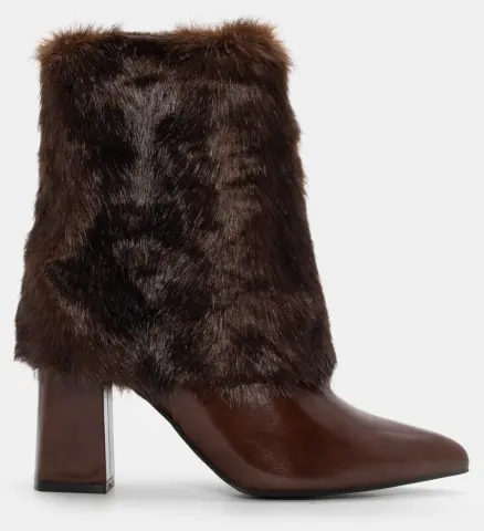 Μποτάκια με Εφέ Αναδιπλούμενης Φάσας από Γούνα - Καφέ Σκούρο