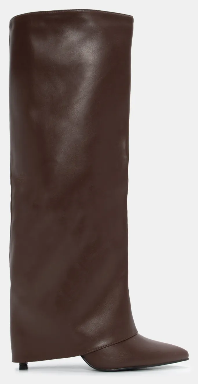 Μπότες Μυτερές με Εφέ Αναδιπλούμενης Φάσας - Καφέ Σκούρο