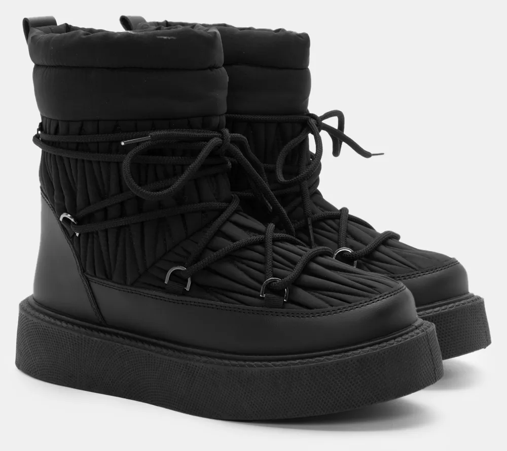 Μποτάκια με Εσωτερική Επένδυση Γούνας & Κορδόνια - Μαύρο
