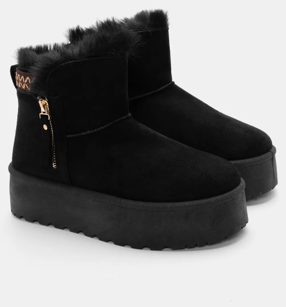 Μποτάκια με Εσωτερική Επένδυση Γούνας & Κέντημα - Μαύρο