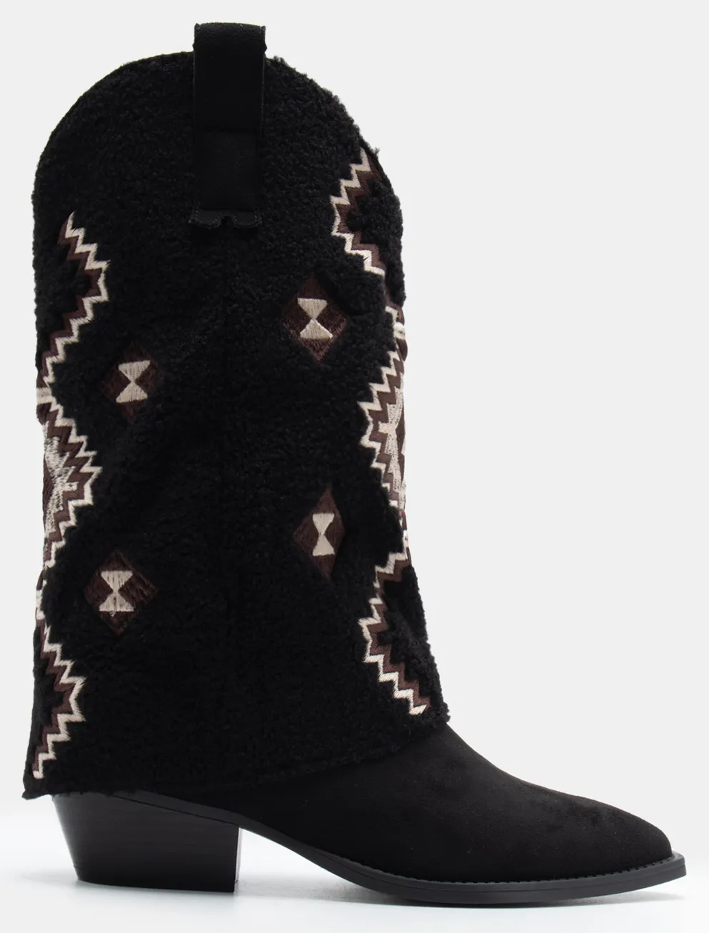 Μπότες Cowboy με Εφέ Αναδιπλούμενης Φάσας & Κέντημα - Μαύρο