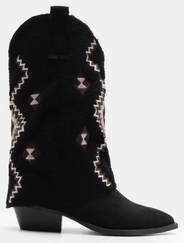 Μπότες Cowboy με Εφέ Αναδιπλούμενης Φάσας & Κέντημα - Μαύρο