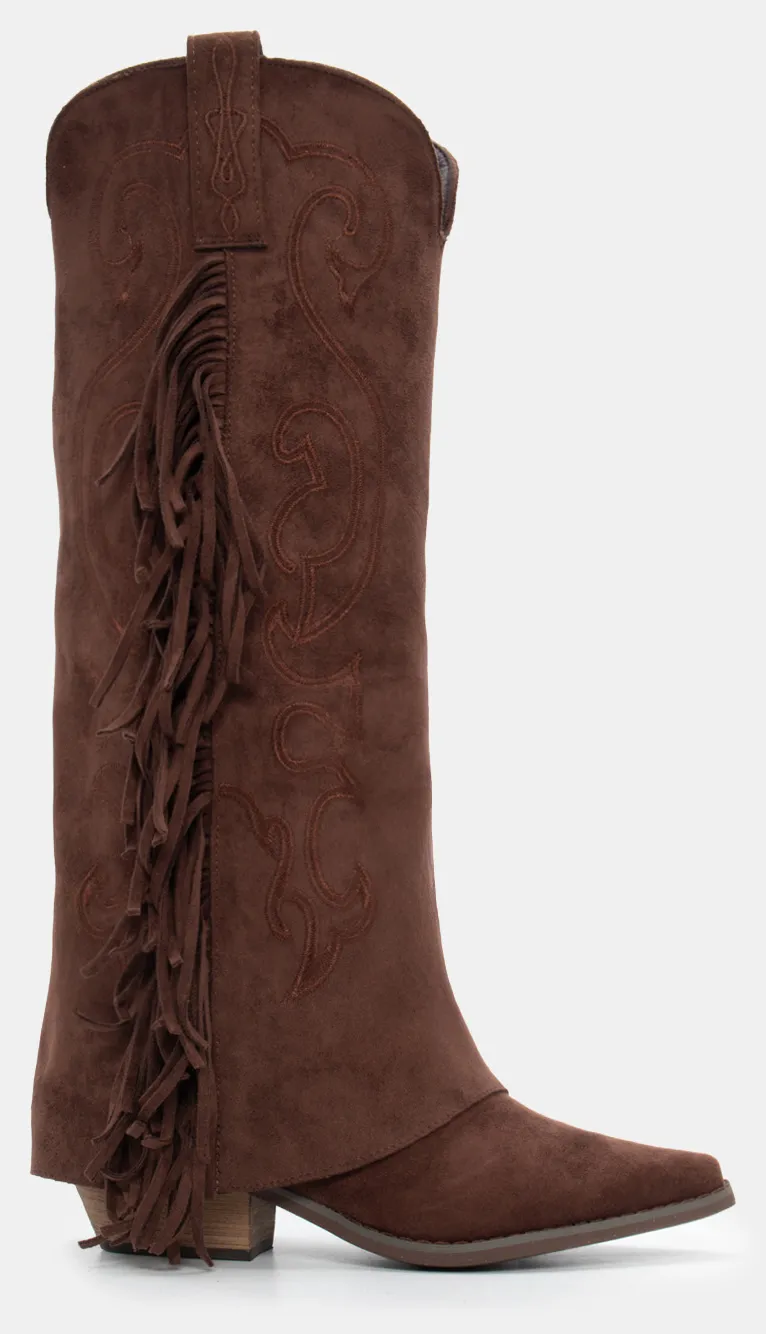 Μπότες Cowboy με Εφέ Αναδιπλούμενης Φάσας & Κρόσσια - Καφέ Σκούρο