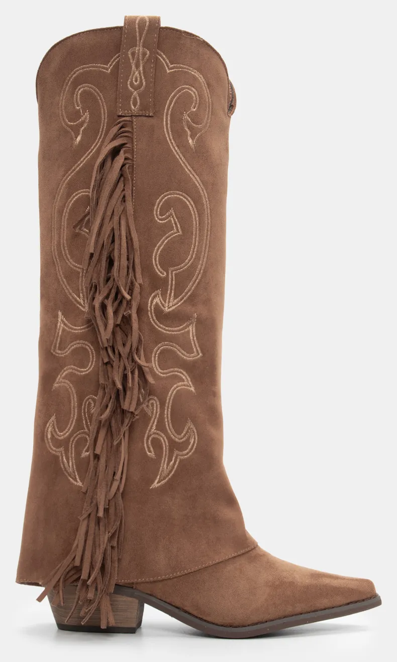 Μπότες Cowboy με Εφέ Αναδιπλούμενης Φάσας & Κρόσσια - Κάμελ