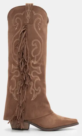 Μπότες Cowboy με Εφέ Αναδιπλούμενης Φάσας & Κρόσσια - Κάμελ