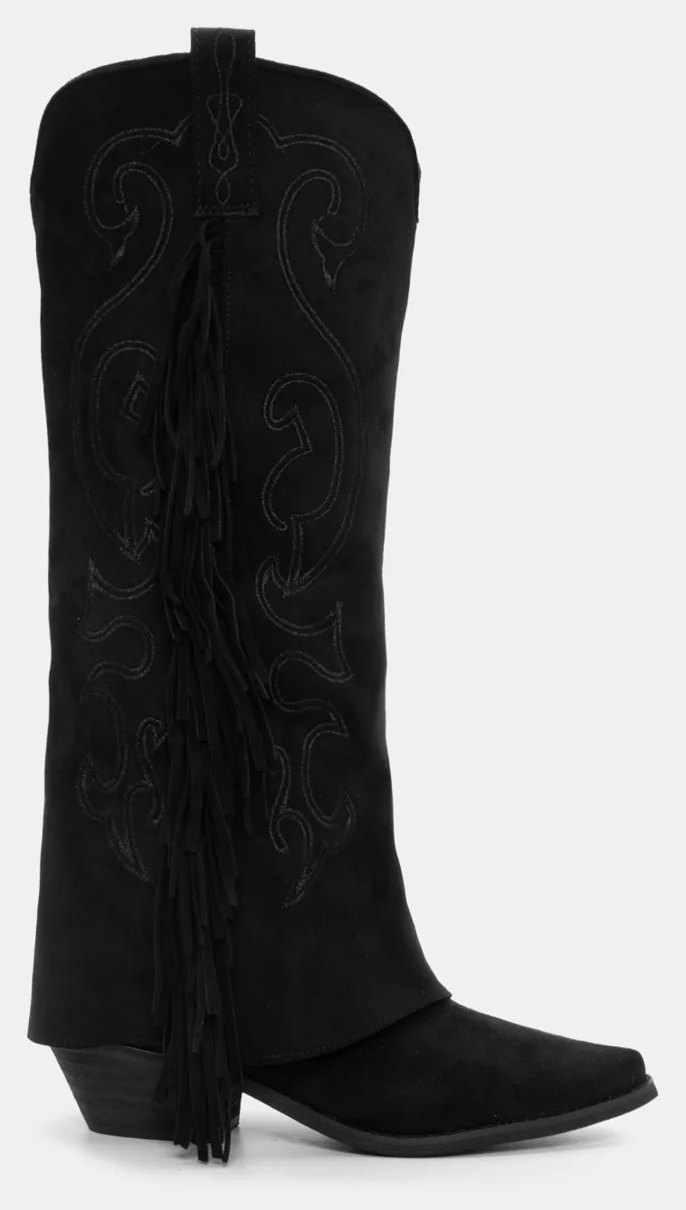 Μπότες Cowboy με Εφέ Αναδιπλούμενης Φάσας & Κρόσσια - Μαύρο